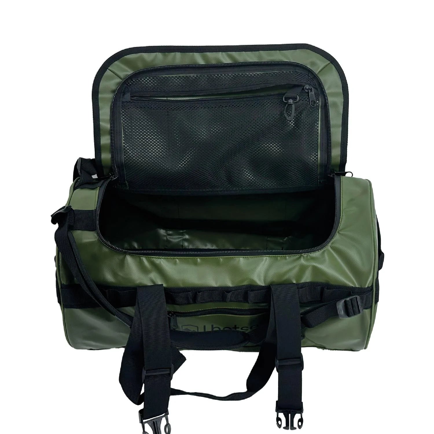 Bolso Lhotse Duffel 30L verde abierto mostrando su interior impermeable