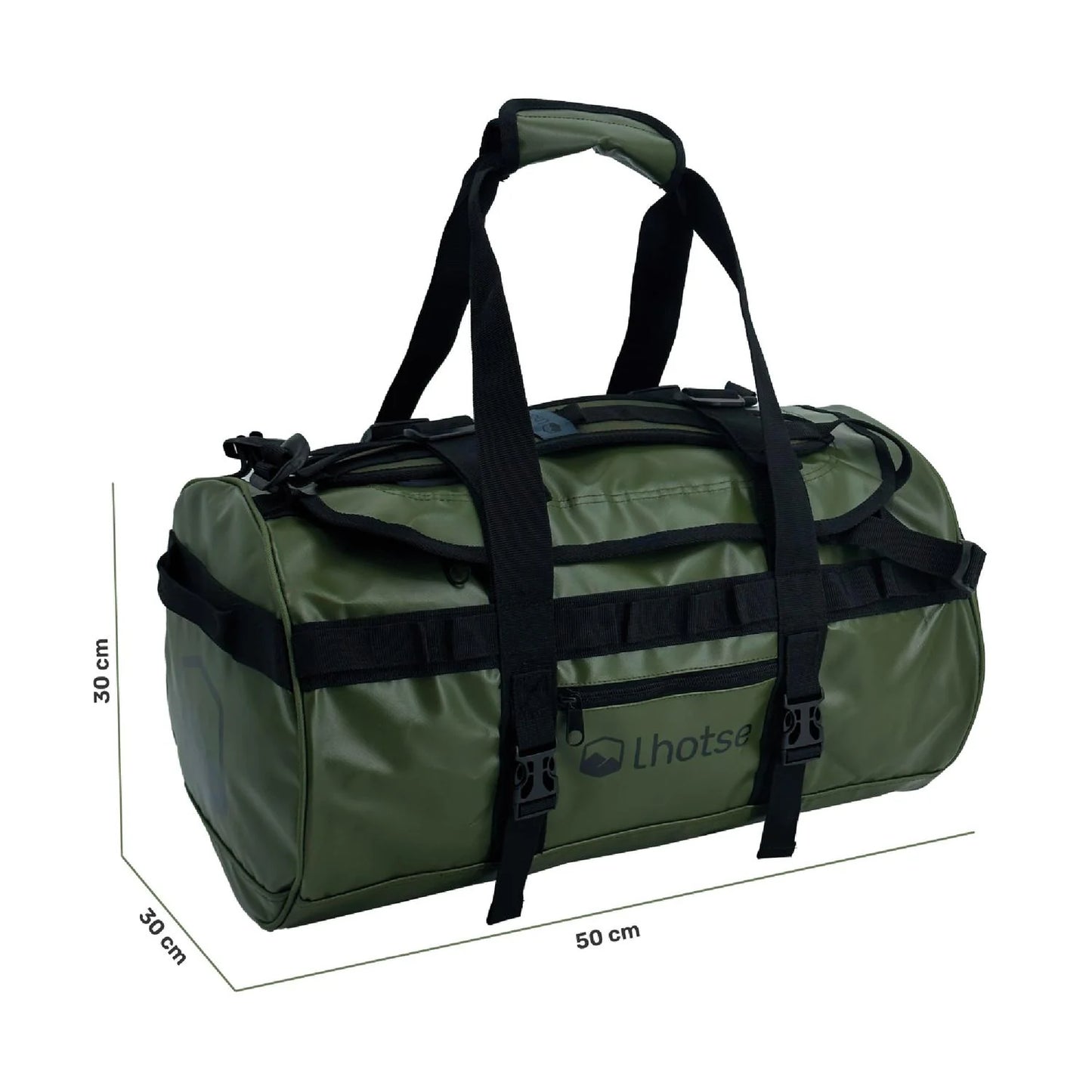 Medidas del bolso Duffel 30L Lhotse color verde en vista lateral
