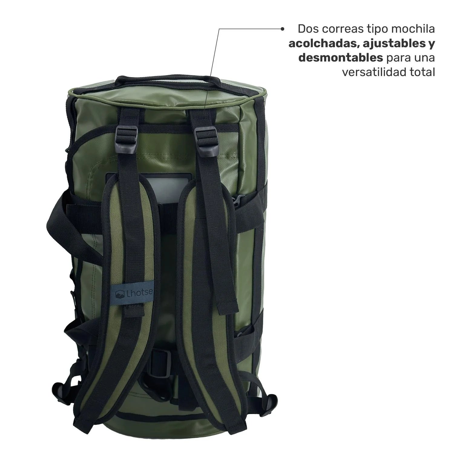 Vista trasera del bolso impermeable Lhotse con correas tipo mochila