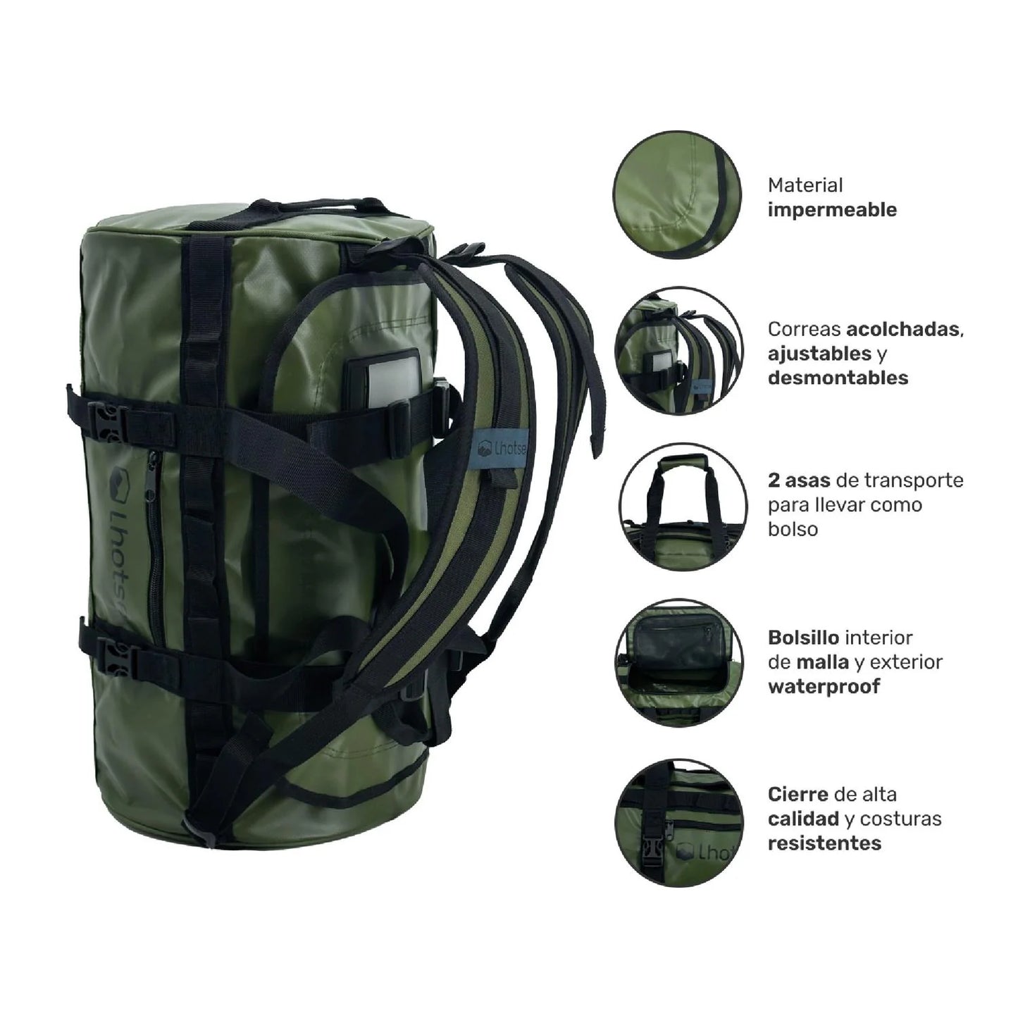 Detalles del bolso Lhotse Duffel verde: correas, cierres y asas