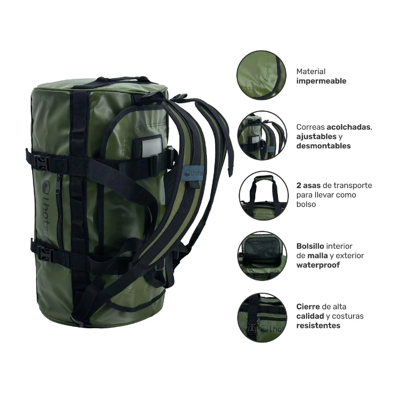 Detalles del bolso Lhotse Duffel verde: correas, cierres y asas