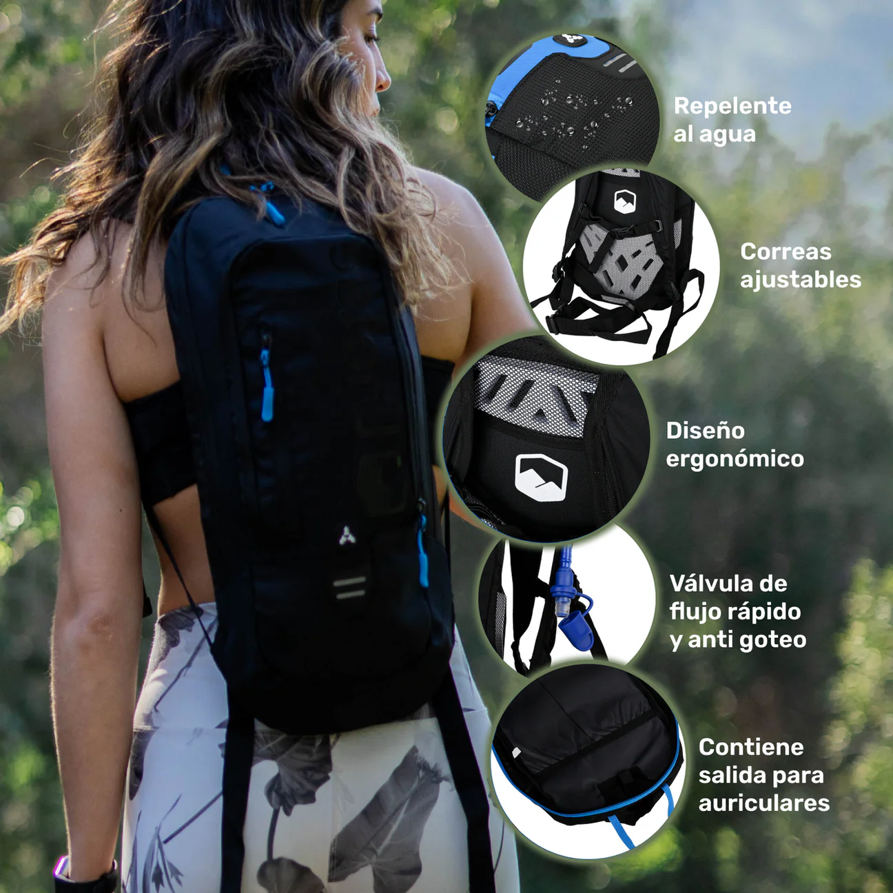 Vista de la mochila HYDROROAD Lhotse en la espalda de una mujer en el bosque.