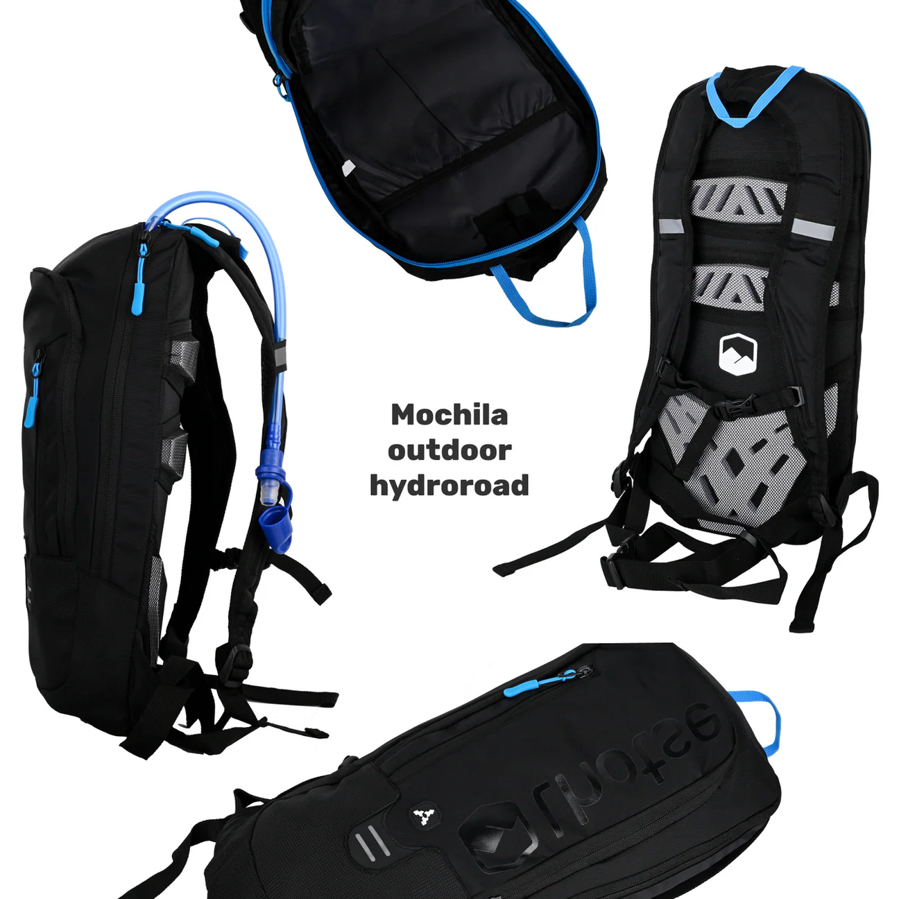 Mochila Outdoor HYDROROAD negra Lhotse con vista de frente, espalda, costado e interior.